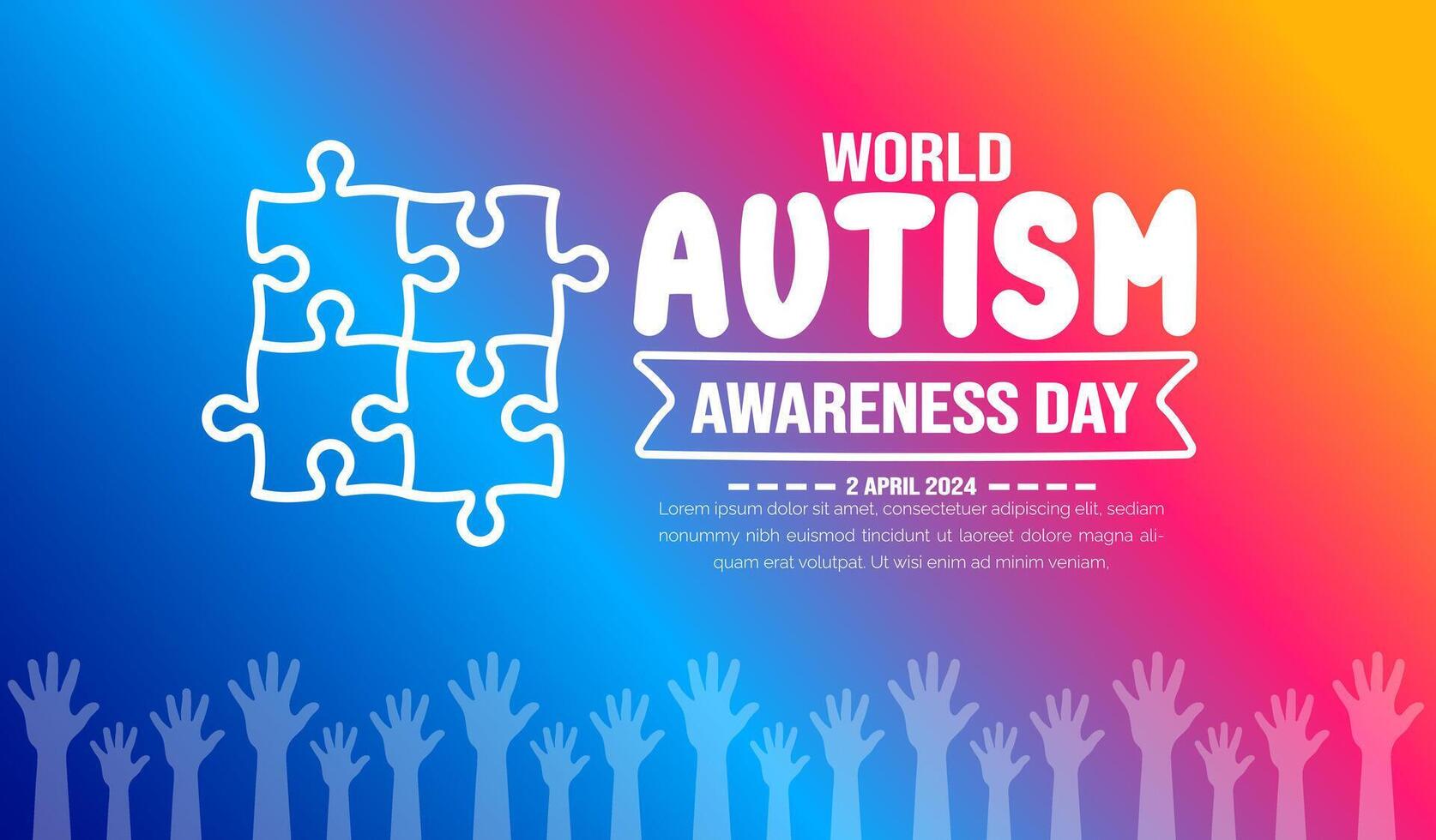 värld autism medvetenhet dag människor höjning händer bakgrund mall berömd i 2 april. använda sig av till baner, kort, hälsning kort, affisch, bok omslag, plakat, ram, social media posta baner mall. vektor