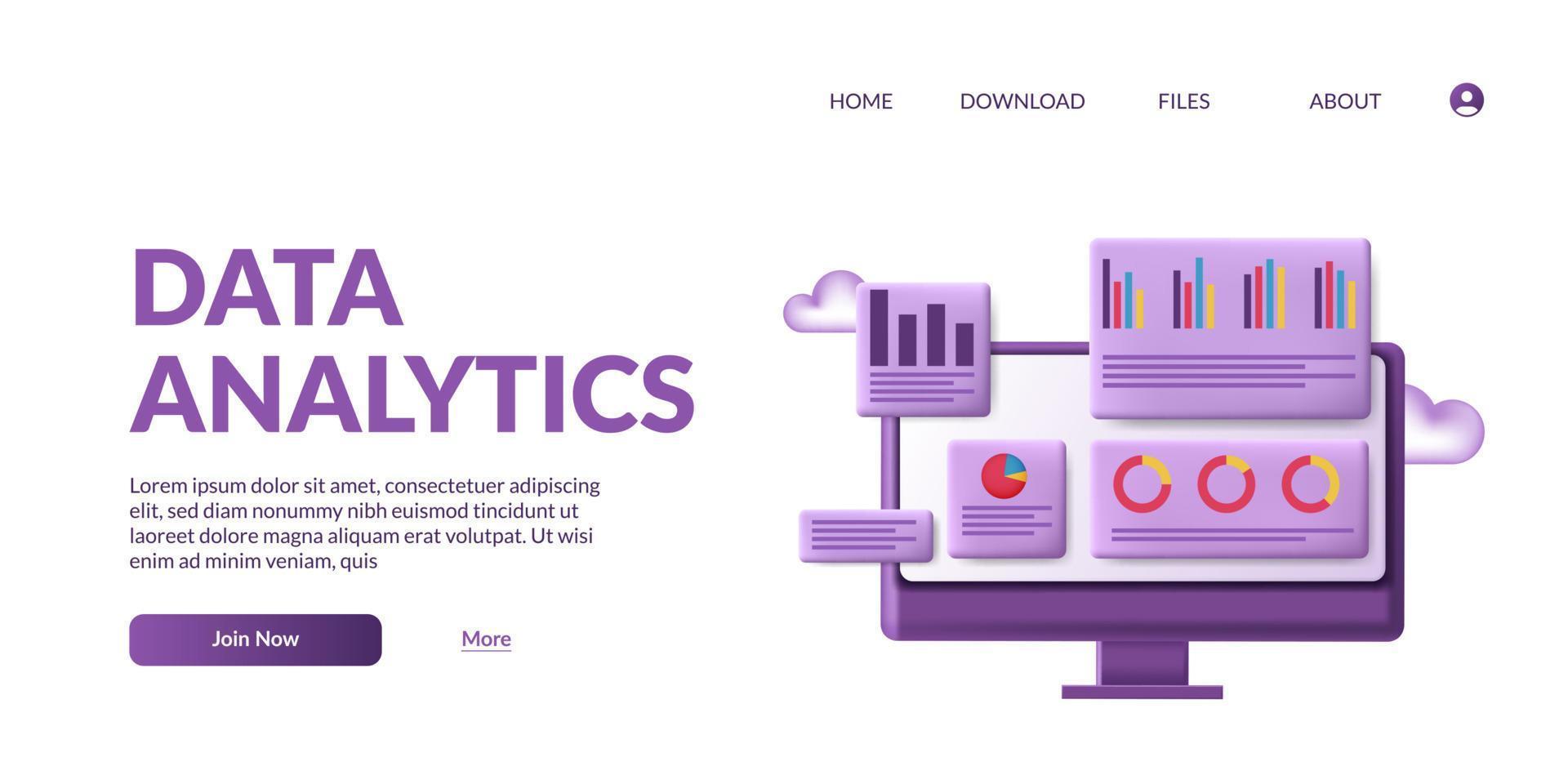 statistik stor dataanalys instrumentpanel och företagsekonomirapport investeringar eller webbplats SEO-koncept med 3d söt datorskärm vektor