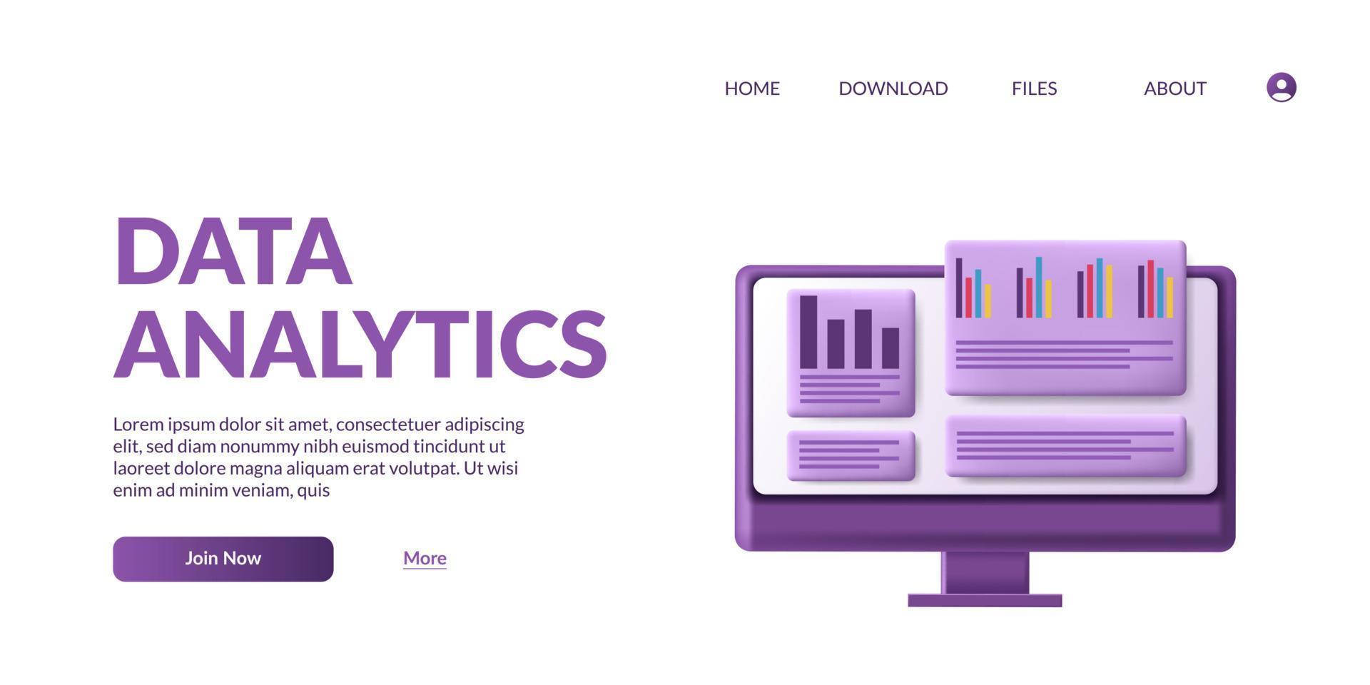 Statistik-Big-Data-Analyse-Dashboard und Geschäftsfinanzbericht über Investitionen oder Website-SEO-Konzept mit süßem 3D-Computermonitor vektor