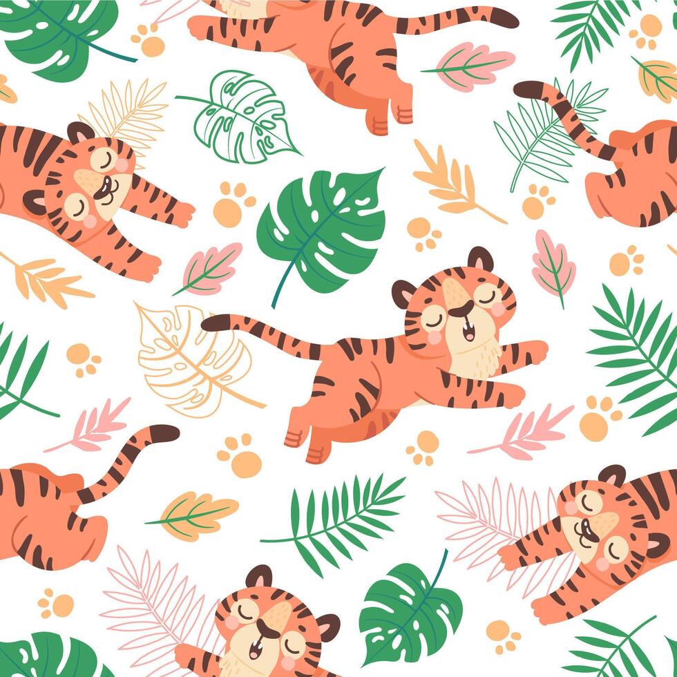 Baby Tiger nahtlos Muster. süß kindisch Karikatur Tiger, Pfote druckt und tropisch Blätter. Urwald Tier, wild Katzen, Kinder Vektor Hintergrund