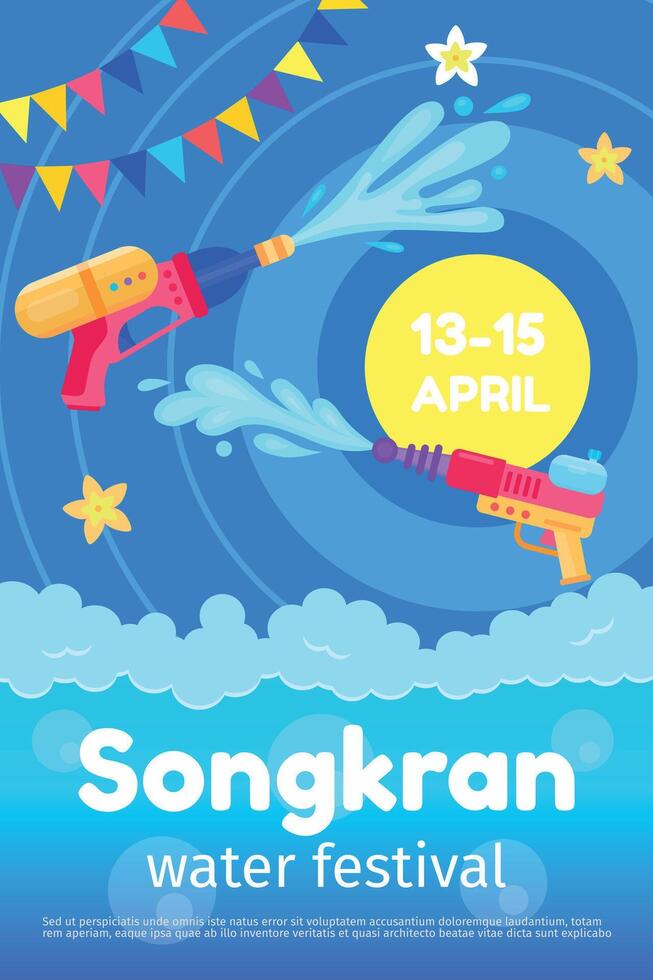 Songkran Poster mit Spielzeug Waffen und Spritzer, Thailand Wasser Festival. Sommer- thailändisch Kultur Spaß Party Fall. Karikatur Songkran fest Vektor Flyer