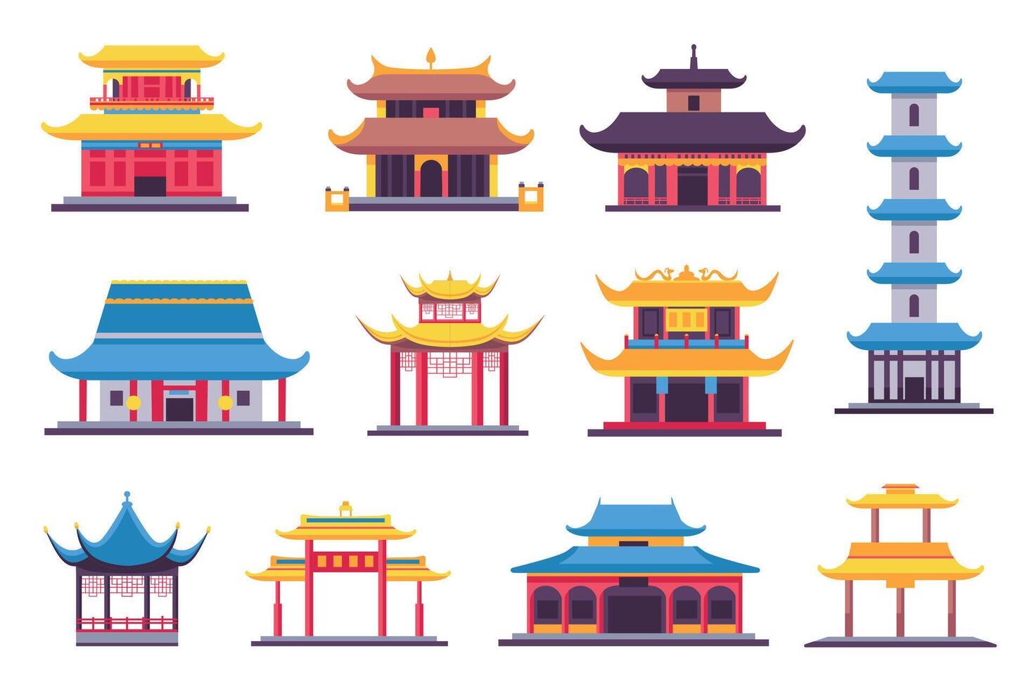 platt kinesisk och japansk byggnader, gammal tempel, pagod och helgedom. asiatisk gammal arkitektur i traditionell stil. Kina hus vektor uppsättning
