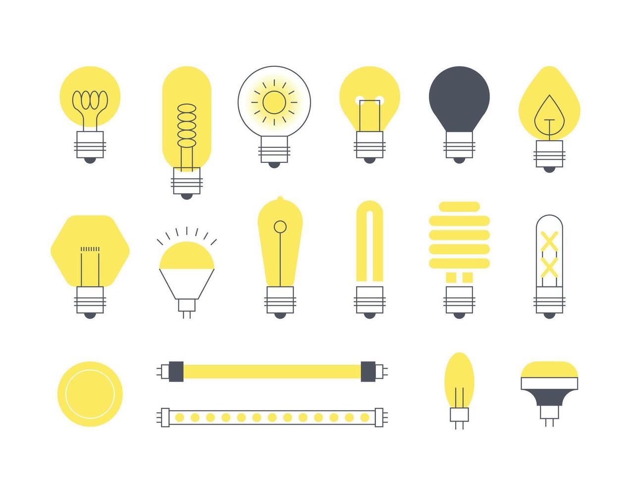 platt ljus Glödlampa. minimalistisk abstrakt lysande elektrisk enhet, olika energi effektiv led ljus lökar och remsor med annorlunda kontakt. vektor ljus Glödlampa logotyp