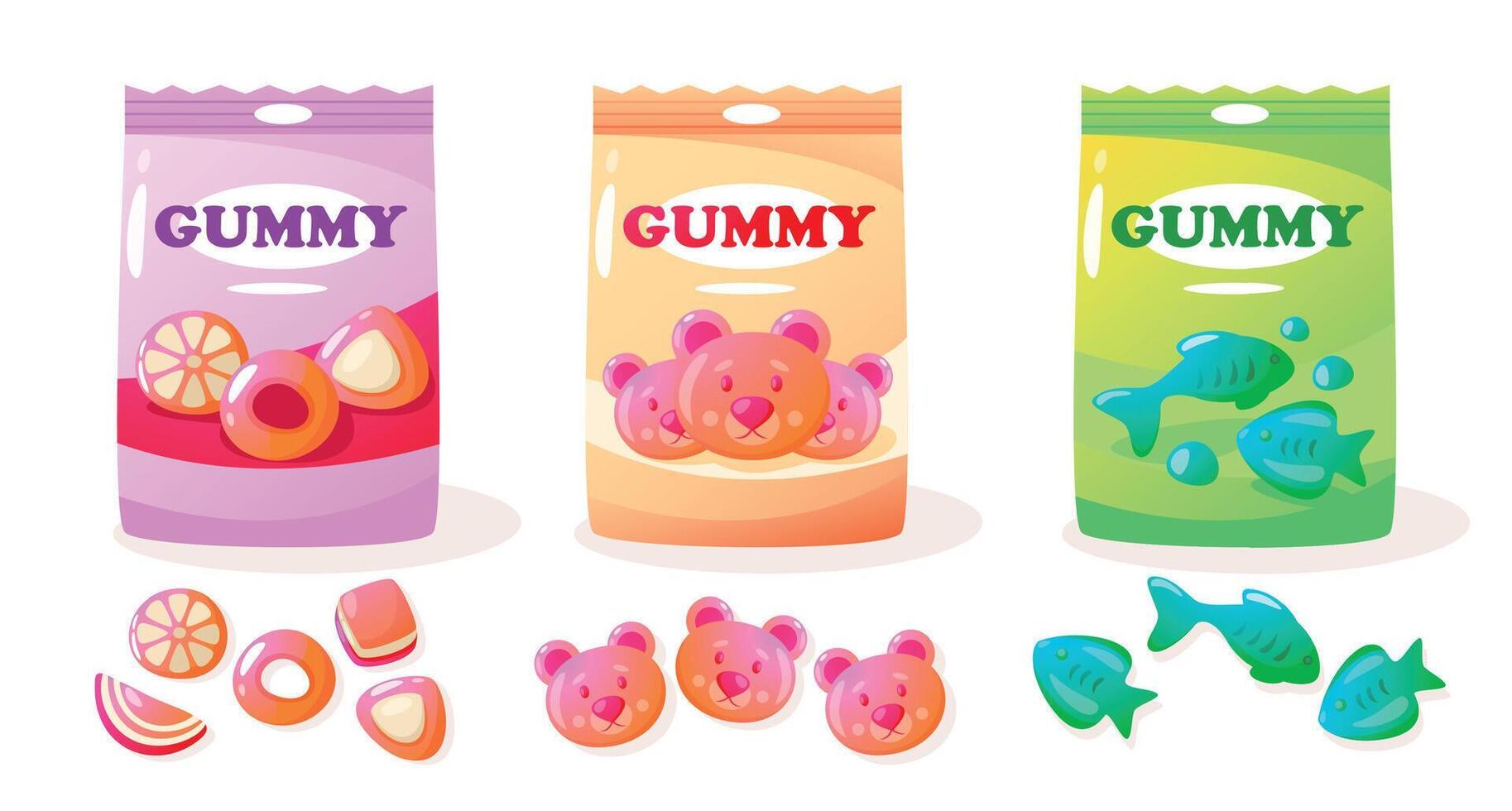 gelé gummi packa. tecknad serie färgrik ljuv klibbig björnar, olika sortiment av färgrik ljuv frukt mellanmål för ungar. vektor färgrik uppsättning