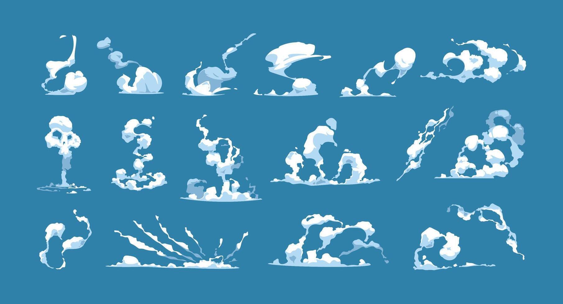 ånga moln uppsättning. tecknad serie blå dimma och ånga spår för barn spel, luft strömma och vind effekt för ui design. vektor isolerat samling