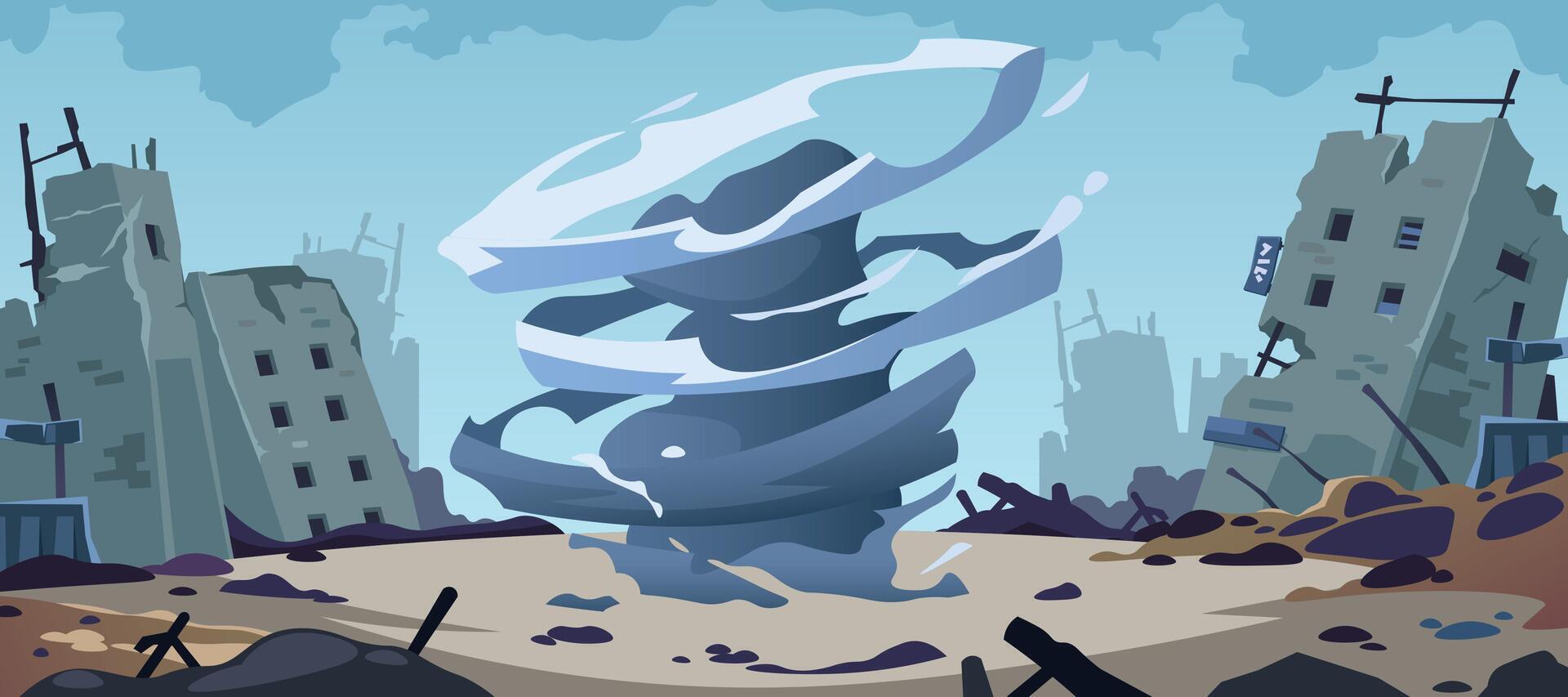 Tornado Katastrophe Hintergrund. Karikatur Hurrikan Sturm Zerstörung, Gebäude zerstört durch Zyklon, Tornado stürmisch Katastrophe Konzept. Vektor Illustration