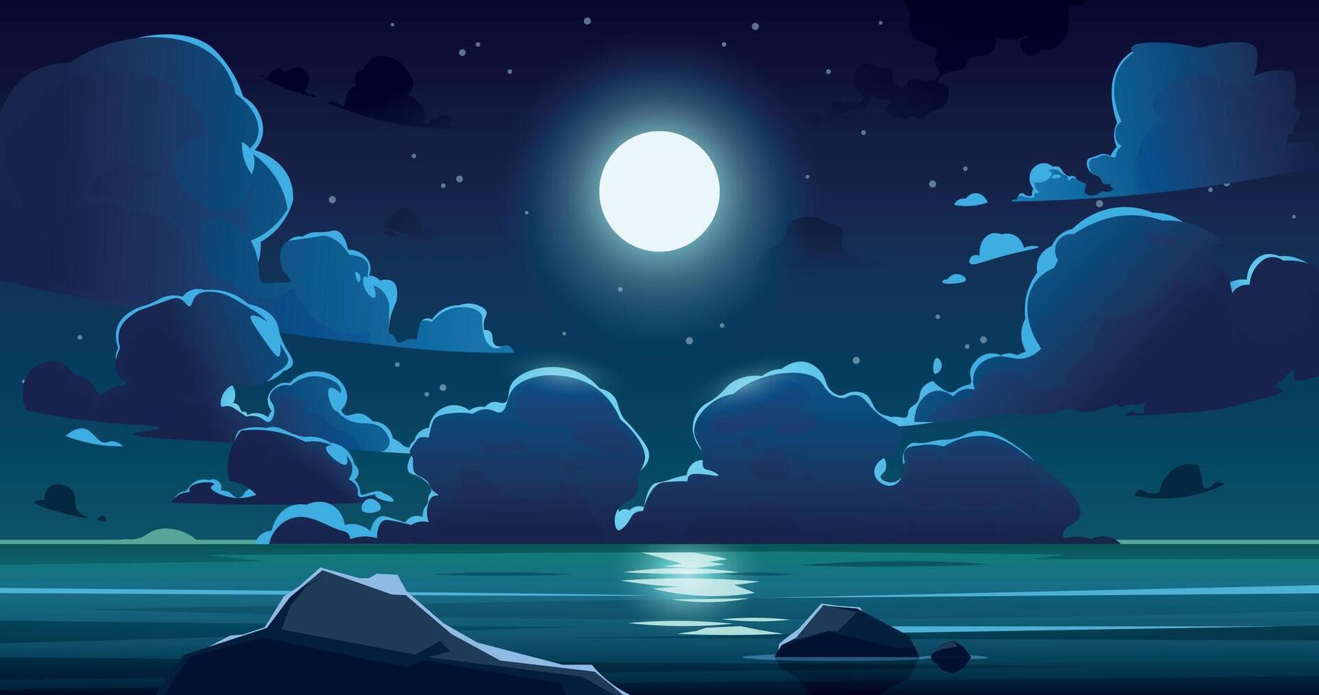 Karikatur Nacht Meer Himmel. Mitternacht Himmel mit Mond, Blau Mondlicht und Sterne, Magie Abend Seelandschaft von Ozean Ufer und Kumulus Wolken. Vektor Landschaft
