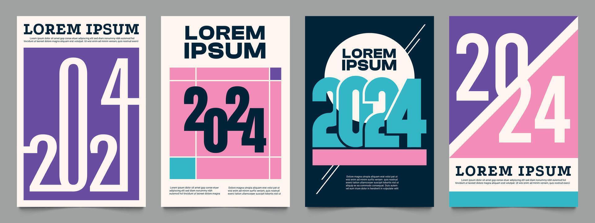 Poster 2024 Konzept. jährlich Kalender Startseite mit modisch minimalistisch geometrisch Typografie, bunt Banner Design. Vektor Illustration