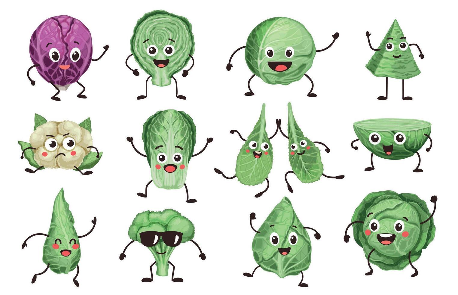 tecknad serie kål tecken. vegetabiliska ansikten med annorlunda känslor, rolig bryssel groddar kål och blomkål ansikten med känslor. vektor komisk tecken uppsättning