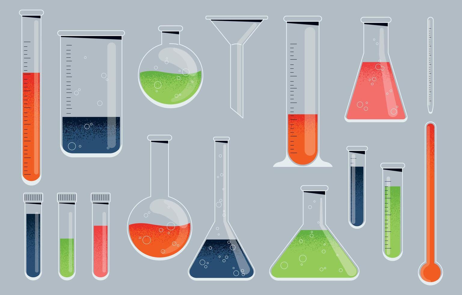 kemi glas. laboratorium glas med testa rör bägare flaska pipett erlenmeyer flaska, vetenskap instrument samling. vektor uppsättning
