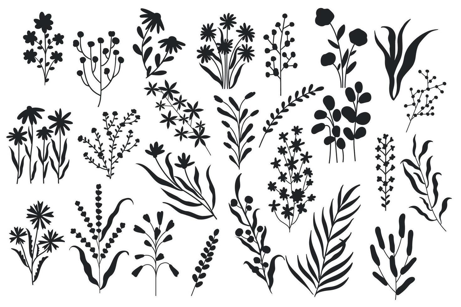 wild Blumen Silhouette. minimalistisch Blumen- botanisch Elemente, Natur Blühen Botanik Blumen einfarbig Bürste Zeichnungen. Vektor isoliert einstellen