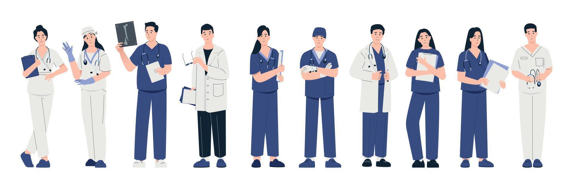 Ärzte und Mediziner. Karikatur medizinisch Arbeitskräfte im Uniform geben Behandlung und Pflege, medizinisch Klinik Zeug mit Ärzte und Krankenschwestern im Weiß Mäntel. Vektor einstellen