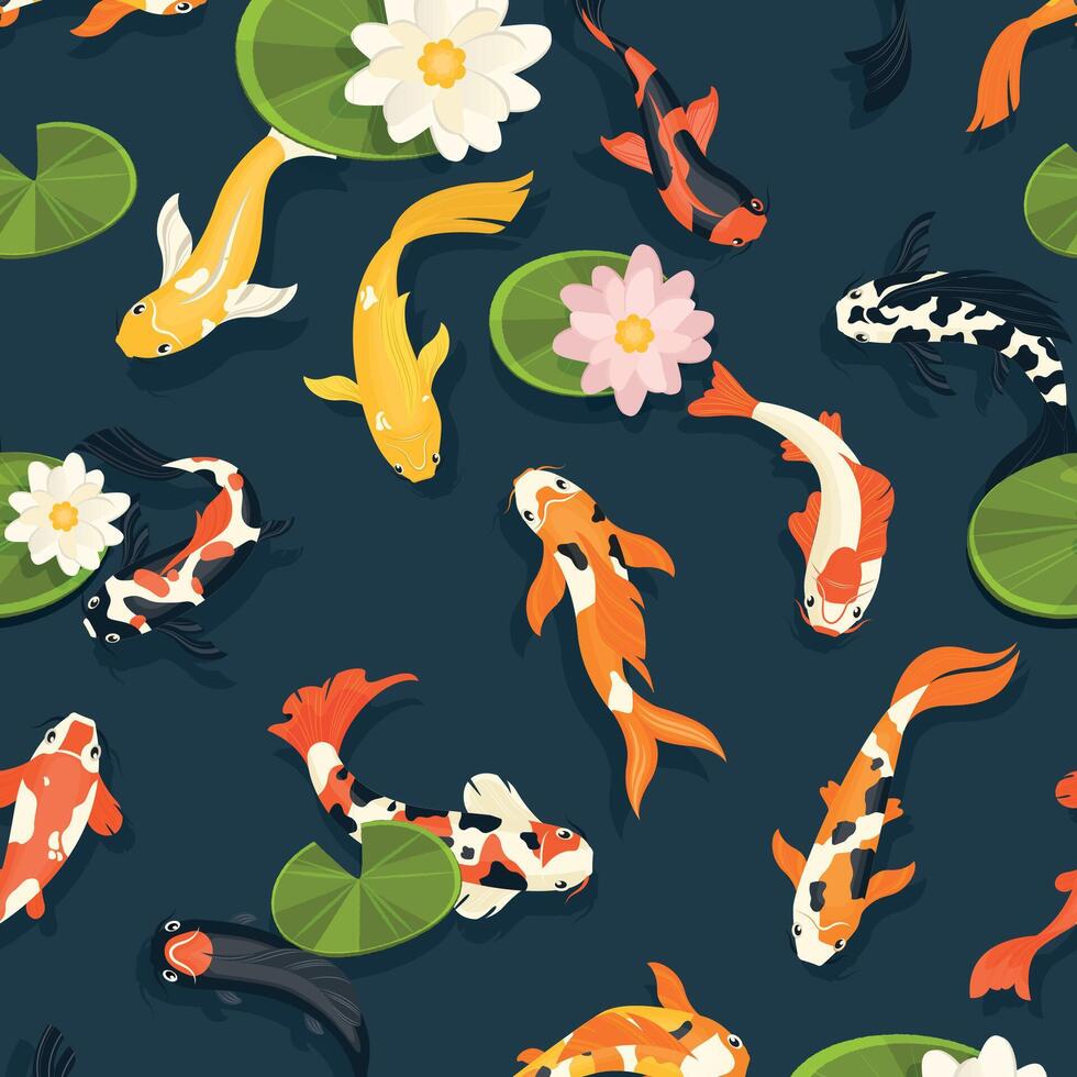 Koi Fisch Muster. nahtlos drucken von Chinesisch Koi Fisch Schwimmen im Teich, traditionell asiatisch Tier Ornament zum Stoff Hintergrund. Vektor Textur