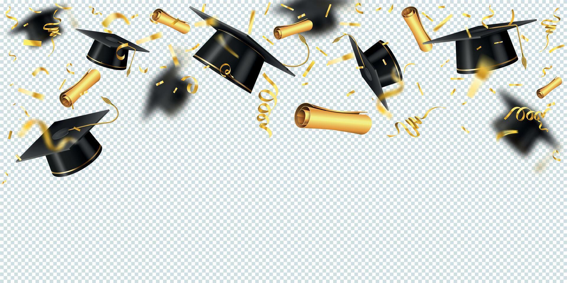 realistisch Hintergrund mit fliegend Abschluss Kappen, Gold Konfetti und Diplom. Schule oder Universität Studenten Absolvent Zeremonie Vektor Banner