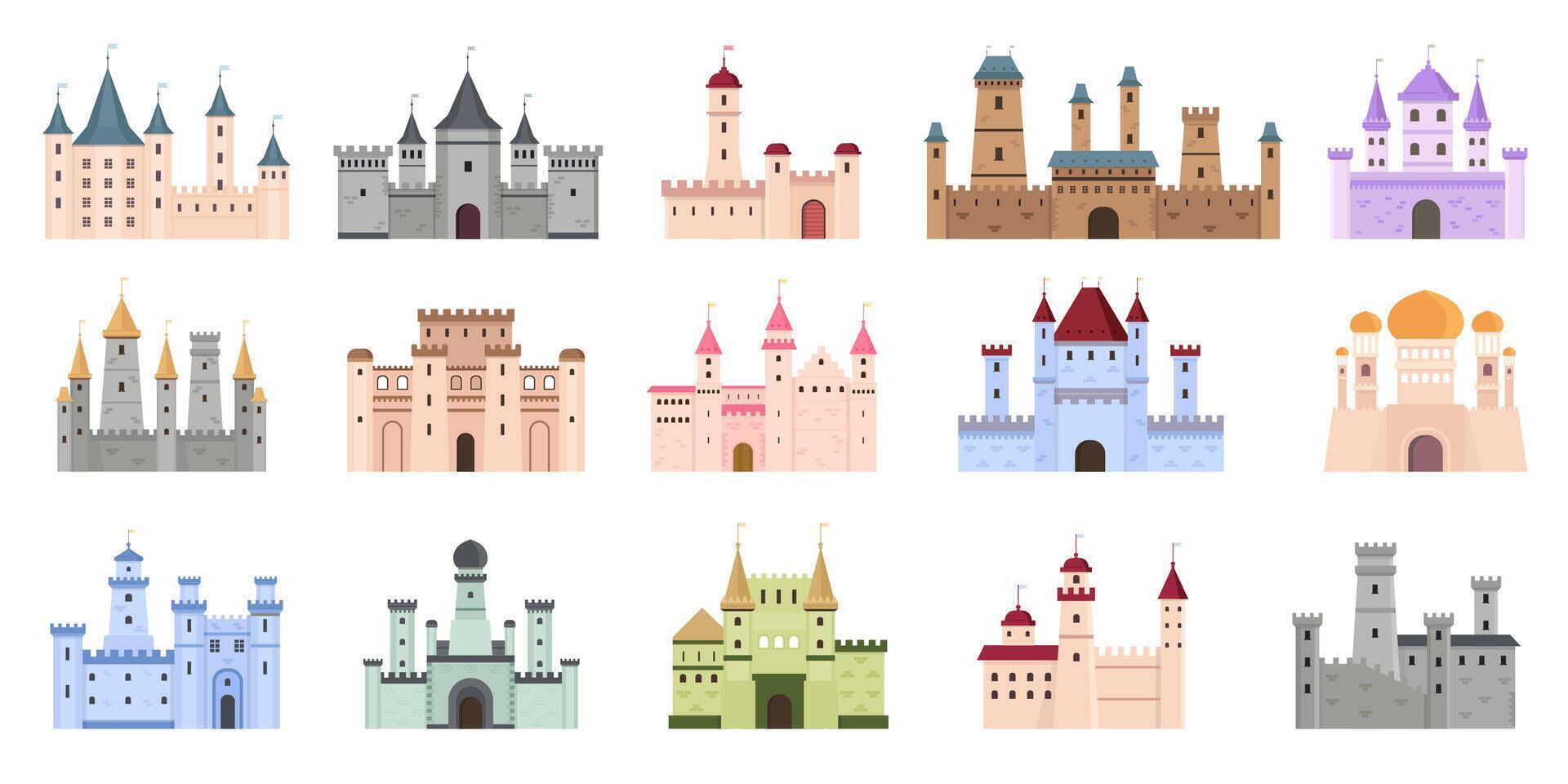 medeltida slott. saga byggnader, fästning och kunglig palats. platt gammal gotik arkitektur med torn. tecknad serie slott vektor uppsättning