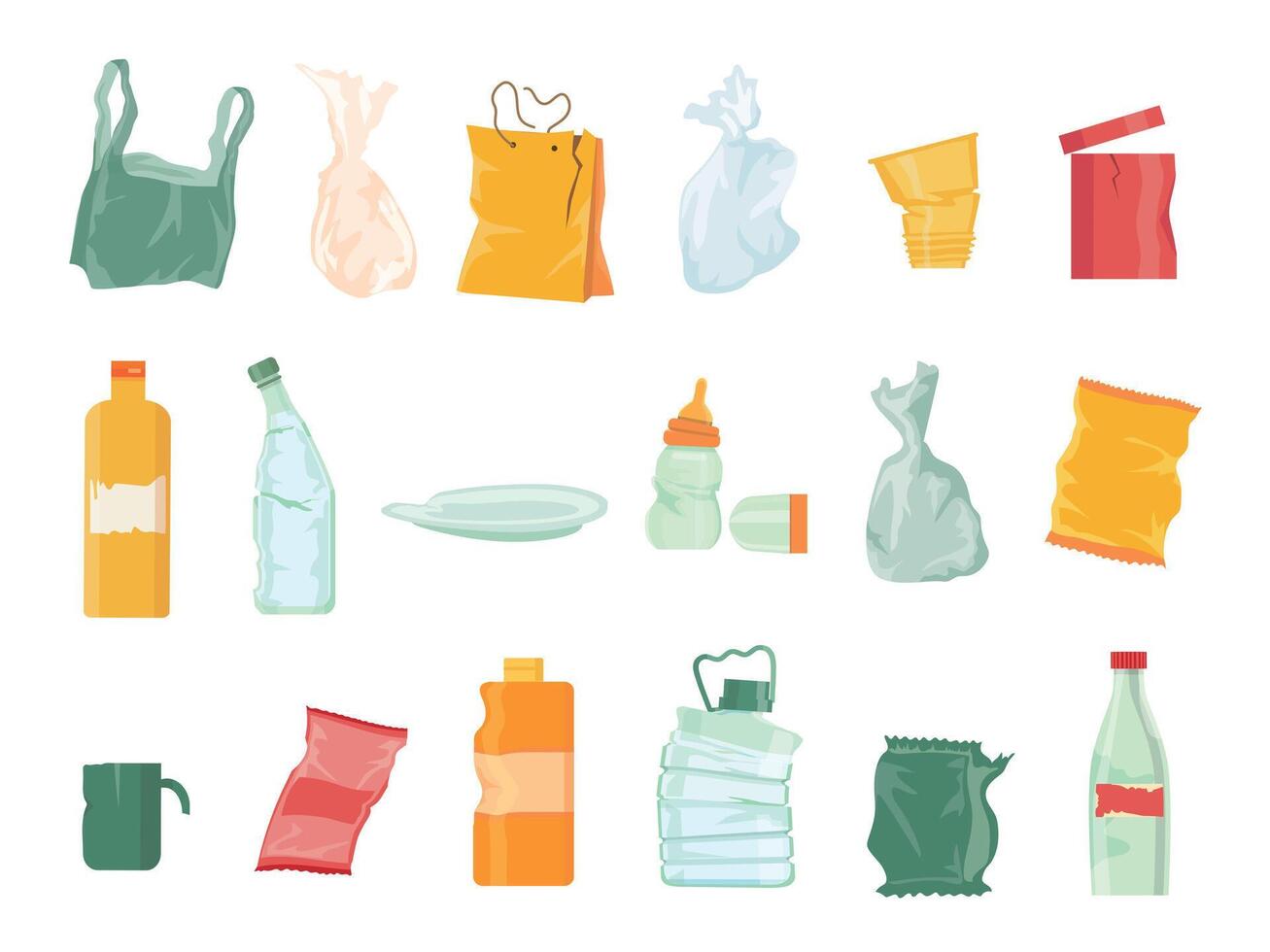 plast sopor förorening, påsar, flaskor, disponibel porslin och paket. sortering skräp och återvinna plast avfall. tecknad serie skräp vektor uppsättning