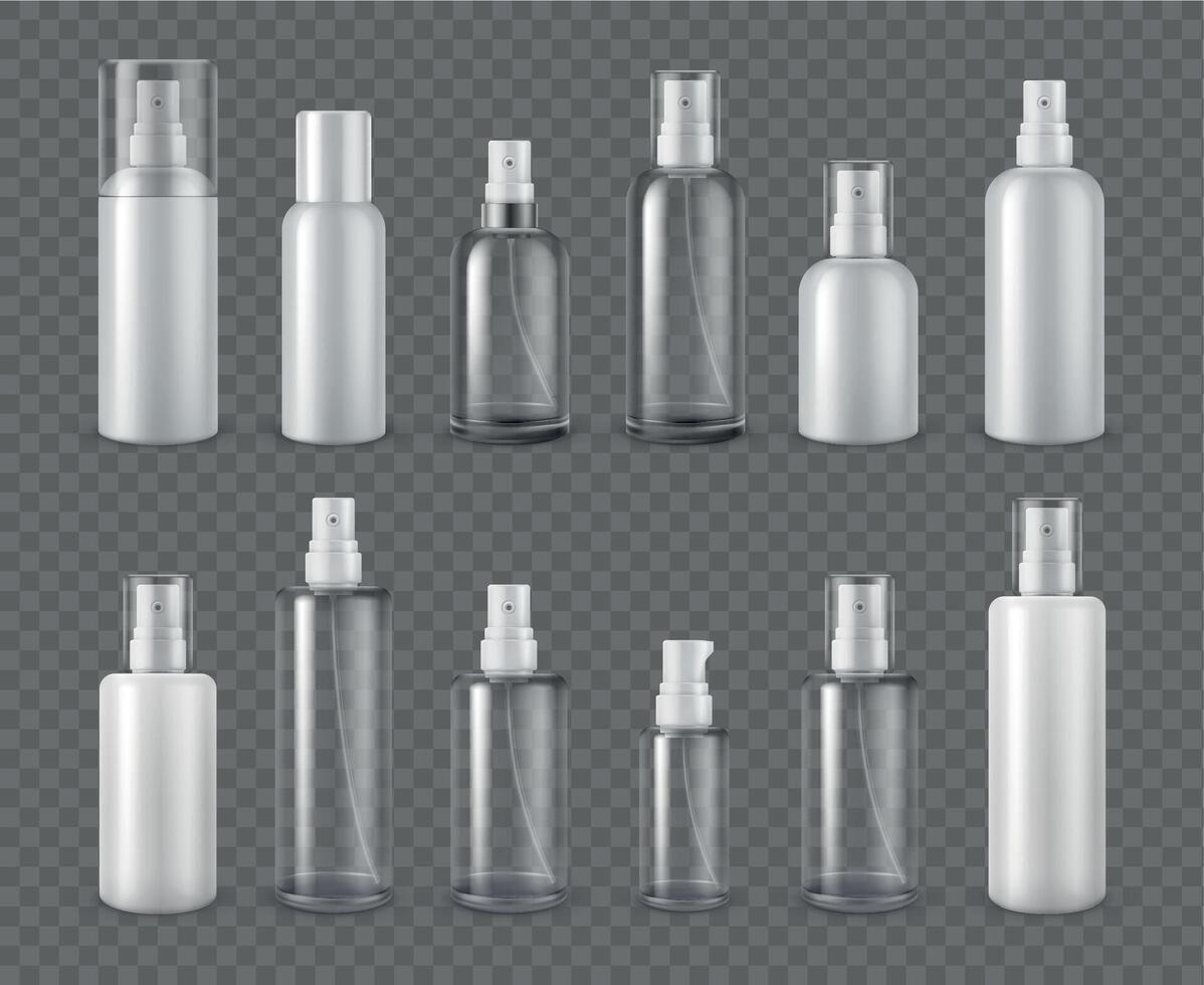 spray flaskor. realistisk kosmetisk aerosol, deodorant eller spruta klar flaska paket mockups. 3d plast grädde dispenser med keps vektor uppsättning