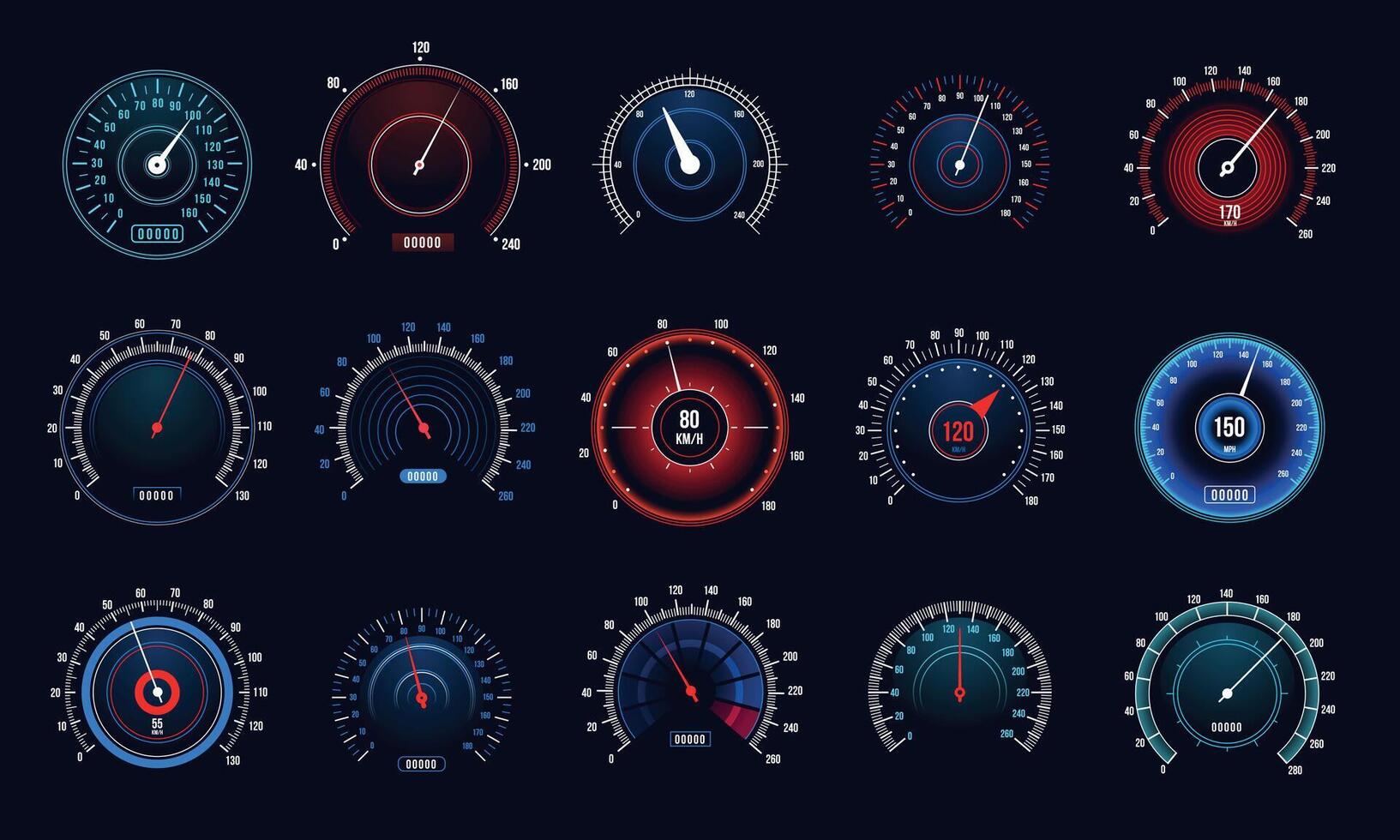 Auto Tachometer Satz. Geschwindigkeit Messung Automobil Indikator, futuristisch Anzeige mit Zähler und Pfeil. Vektor einstellen