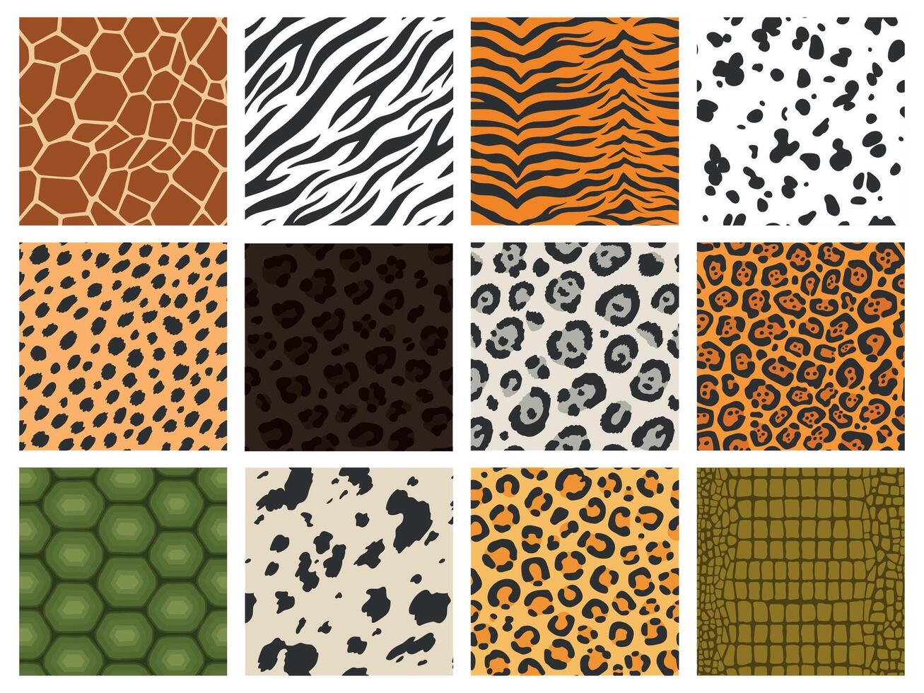 djur- skriva ut. reptil och däggdjur textur samling, tiger leopard zebra hud kamouflage utskrift, djur- päls mönster. vektor sömlös mode uppsättning