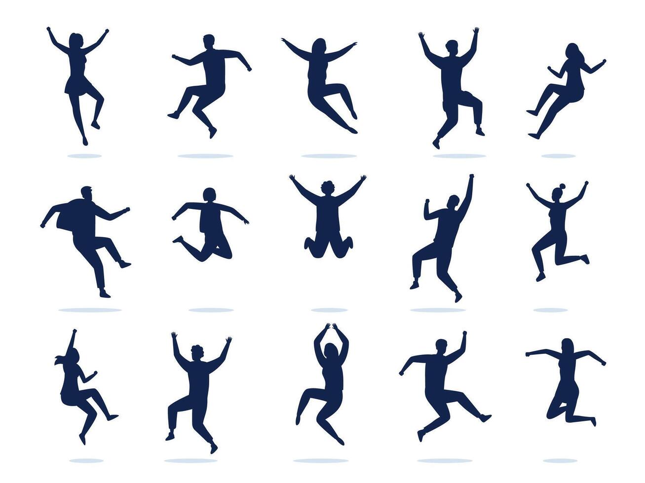 Springen Menschen Silhouette. glücklich aktiv Tanzen Männer und Frauen feiern und haben Spaß. Vektor schwarz Symbole von Jungs und Mädchen genießen Party
