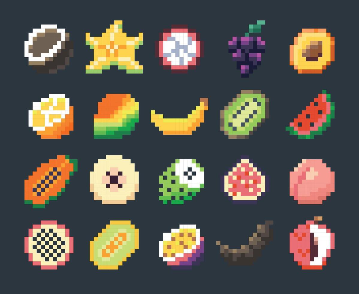 pixel exotisk frukter. tecknad serie stiliserade frukt ikoner för 2d spel, 8-bitars sprite grafisk spel tillgång, spel och mobil Ansökan utveckling. vektor uppsättning
