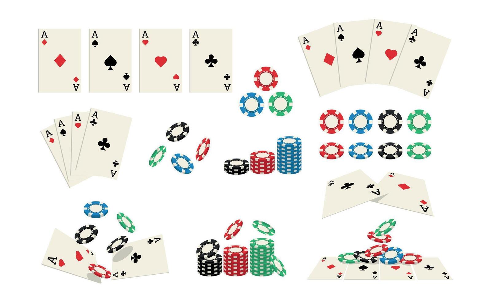 spielen Karten und Chips Satz. Kasino Glücksspiel Spiel Münzen, Asse Herzen und Pik, Vereine und Diamanten Poker Glücklich Roulette Wette Karikatur Stil. Vektor einstellen