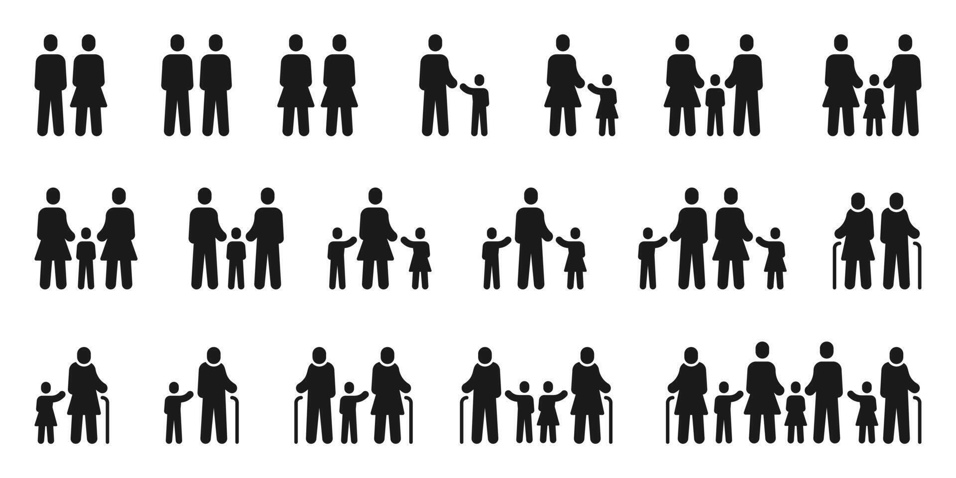 Familie Symbole. Vielfalt Paare und Familien, traditionell, lgbt Partner und Single Eltern. Großeltern und Kinder Piktogramme Vektor einstellen