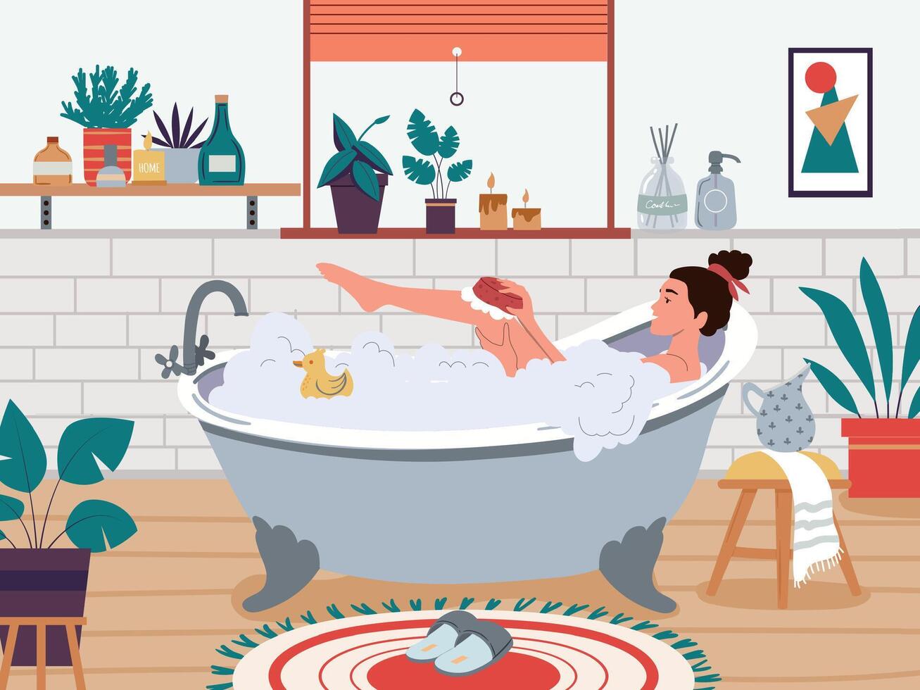 Frau im Bad. weiblich Charakter Waschen im Badezimmer mit Schaum und Gelb Ente. Mädchen entspannend mit Verbrennung Kerzen vektor