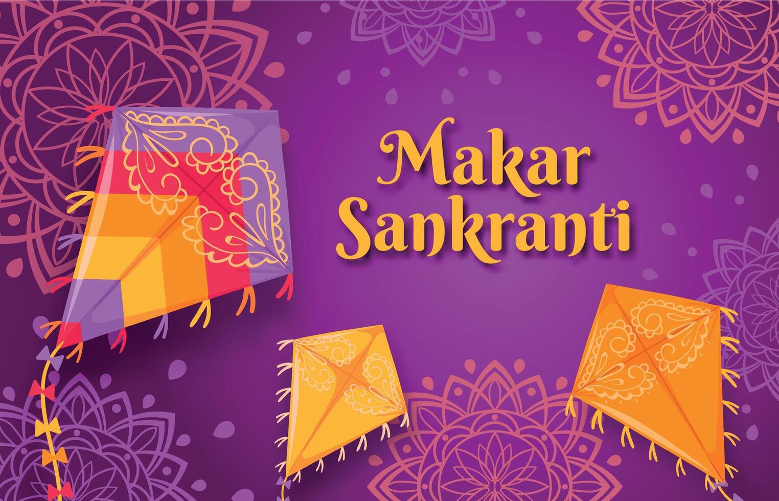 Makar Sankranti Festival. glücklich indisch Sonne Feier Tag Poster mit fliegend Drachen. sankrant Ernte Gruß Karte oder Banner Vektor Konzept