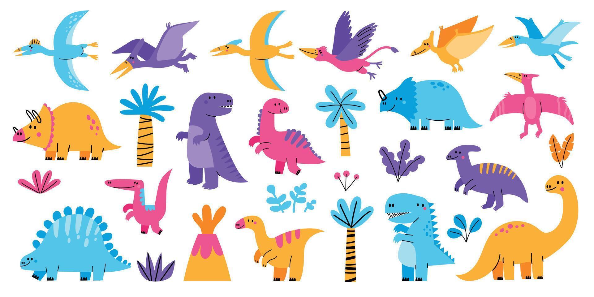 Baby Dinosaurier. süß bezaubernd wenig Drachen Charakter, kindisch jurassisch Maskottchen cipart Sammlung, komisch Kinder Spielzeug Drachen. Vektor isoliert einstellen