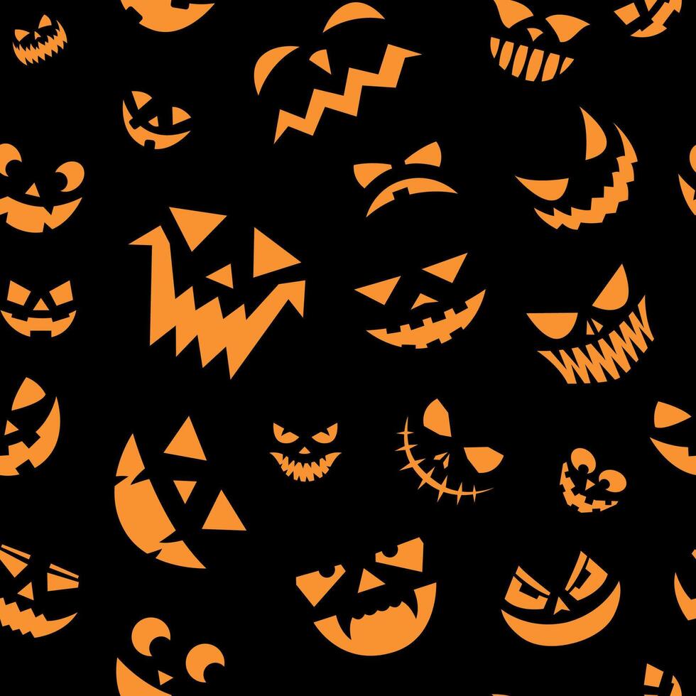 unheimlich Gesichter Muster. nahtlos drucken von Halloween Kürbis Carving Gesicht mit unheimlich wütend Augen und lächelnd Mund mit Zähne. Vektor Textur