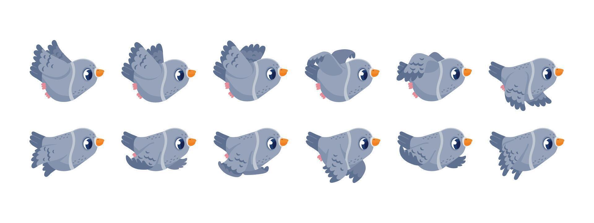 Taube Flug Animation. Spiel fliegen Rahmen Reihenfolge Sprite Anlagegut mit Karikatur fliegend Vogel Charakter geflügelt im das Himmel. Vektor Taube Flug Zyklus