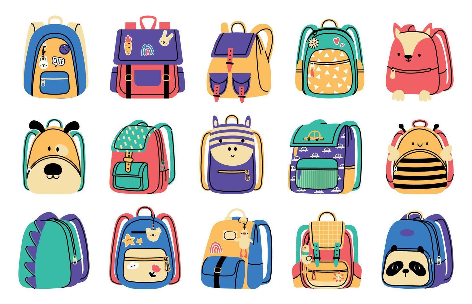 Karikatur Schule Tasche. bunt Rucksack mit Postleitzahl zum Schule liefern und Zubehör, Bildung Ausrüstung zum Studenten. Vektor isoliert Gepäck Sammlung