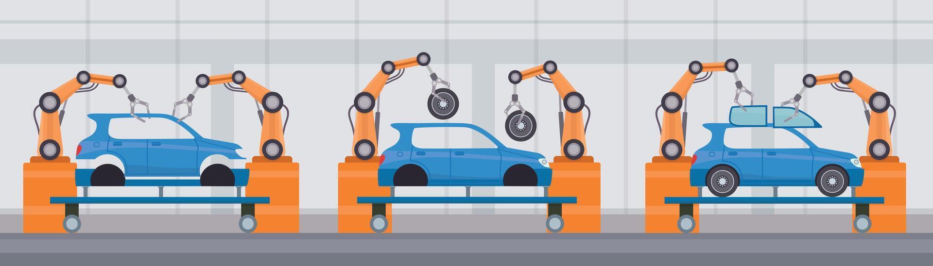 Industrie Roboter Arm montieren Autos auf Förderer Gürtel. Automobil Fabrik automatisiert Herstellung. eben Maschine Konstruktion Linie Vektor Konzept