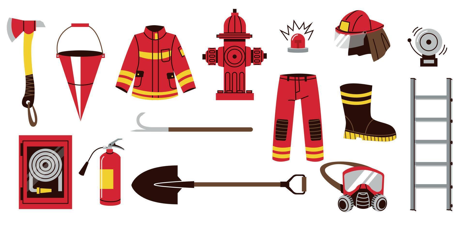 Feuer Kampf Ausrüstung. Karikatur Feuerwehrmann Werkzeuge Gekritzel eben Stil, Feuerwehrmann Symbole Axt Eimer Schlauch Hydrant Helm Sicherheit Konzept. Vektor isoliert einstellen