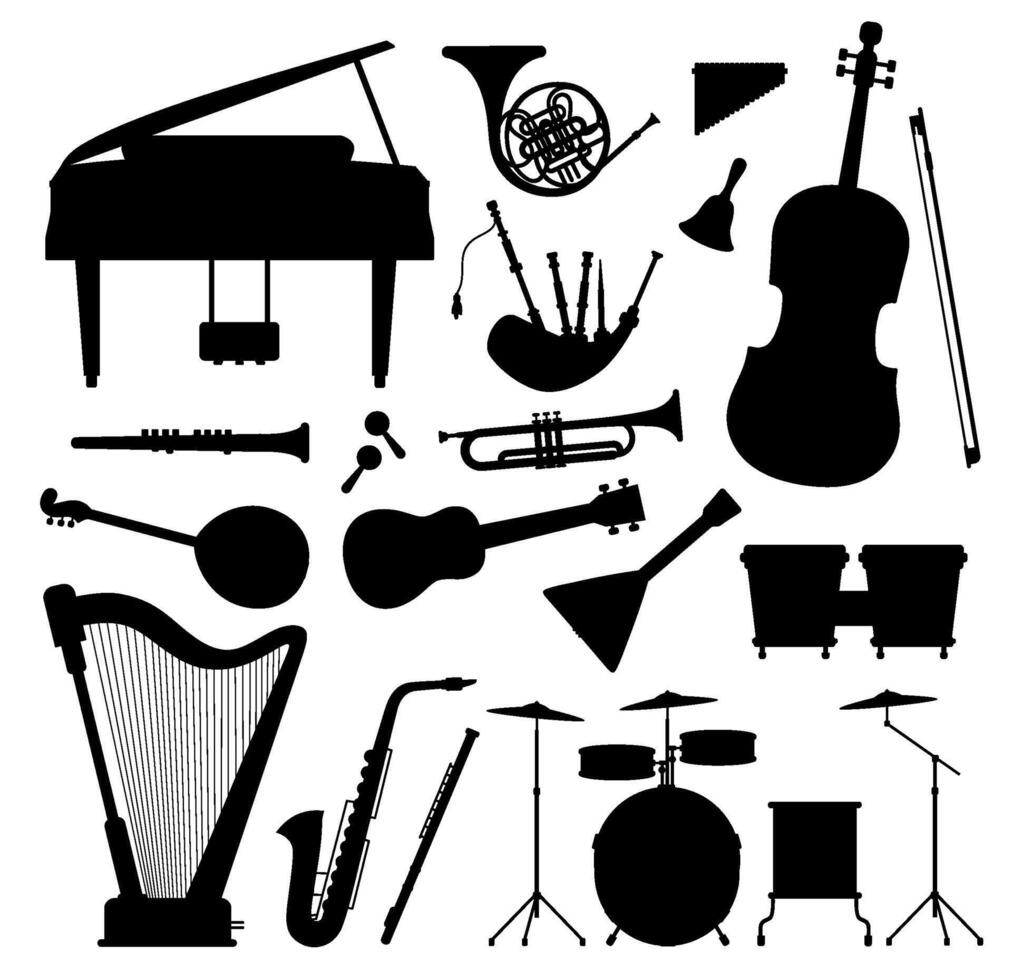 silhuetter av klassisk musik orkester, jazz och folk instrument. piano, gitarr, horn, cello och saxofon. musikalisk svart ikon vektor uppsättning