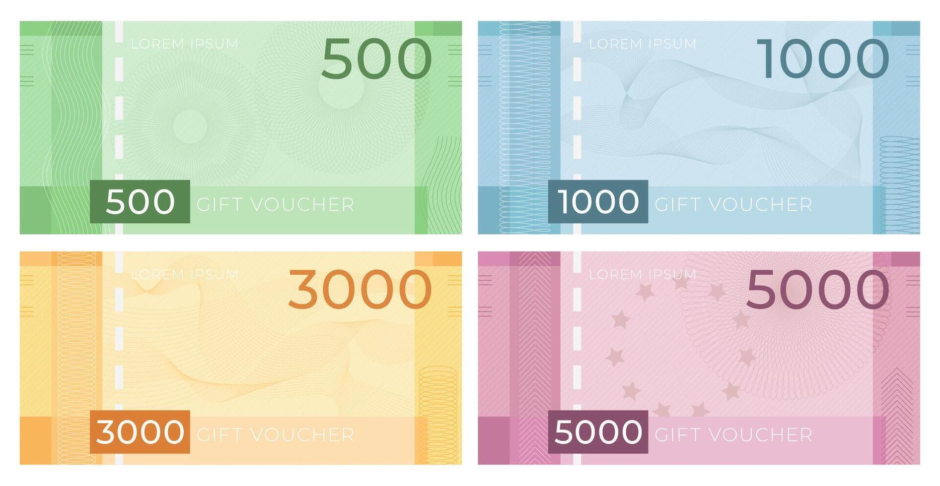 Gutschein Banknote mit Guilloche. Rabatt Zertifikat im Geld Design mit Wasserzeichen Muster. Geschenk Coupon oder Währung Vorlage Vektor einstellen