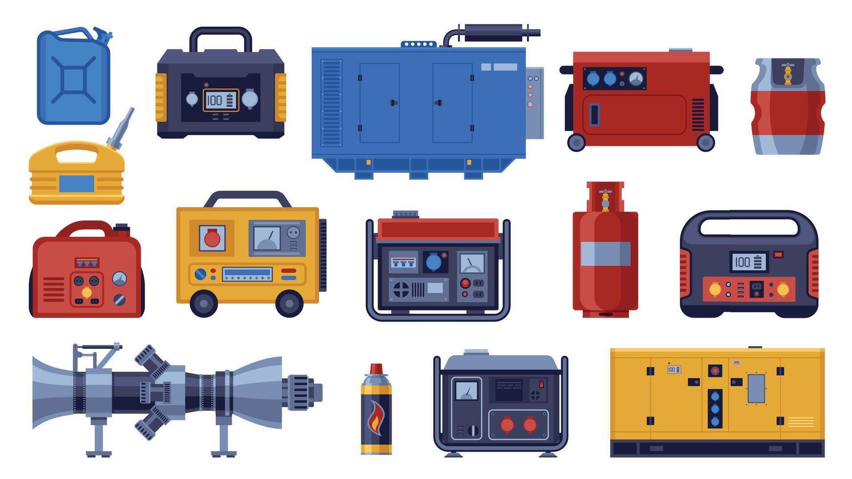 industriell kraft generator. energi alstrande bärbar elektrisk generator, propån gas cylinder, bränsle syltburkar, tecknad serie diesel säkerhetskopiering Utrustning. vektor uppsättning