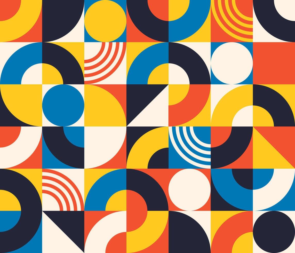 Bauhaus nahtlos Muster. abstrakt Platz Fliesen mit Kreis und Dreieck. retro drucken im minimal Stil mit geometrisch Figur, Vektor Textur