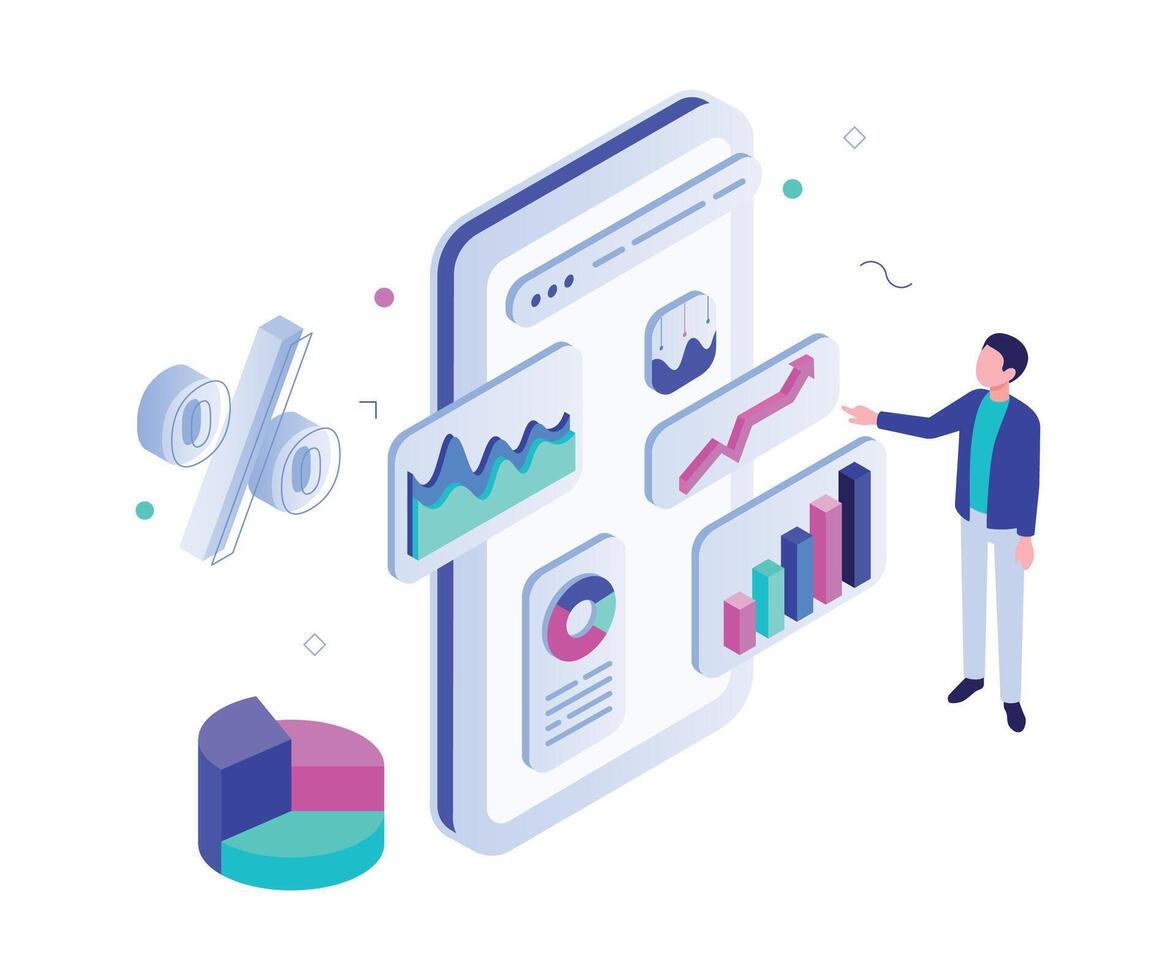 finansiell bokföring. man arbetstagare analyserar digital grafer, diagram och diagram på läsplatta skärm. modern teknologi vektor