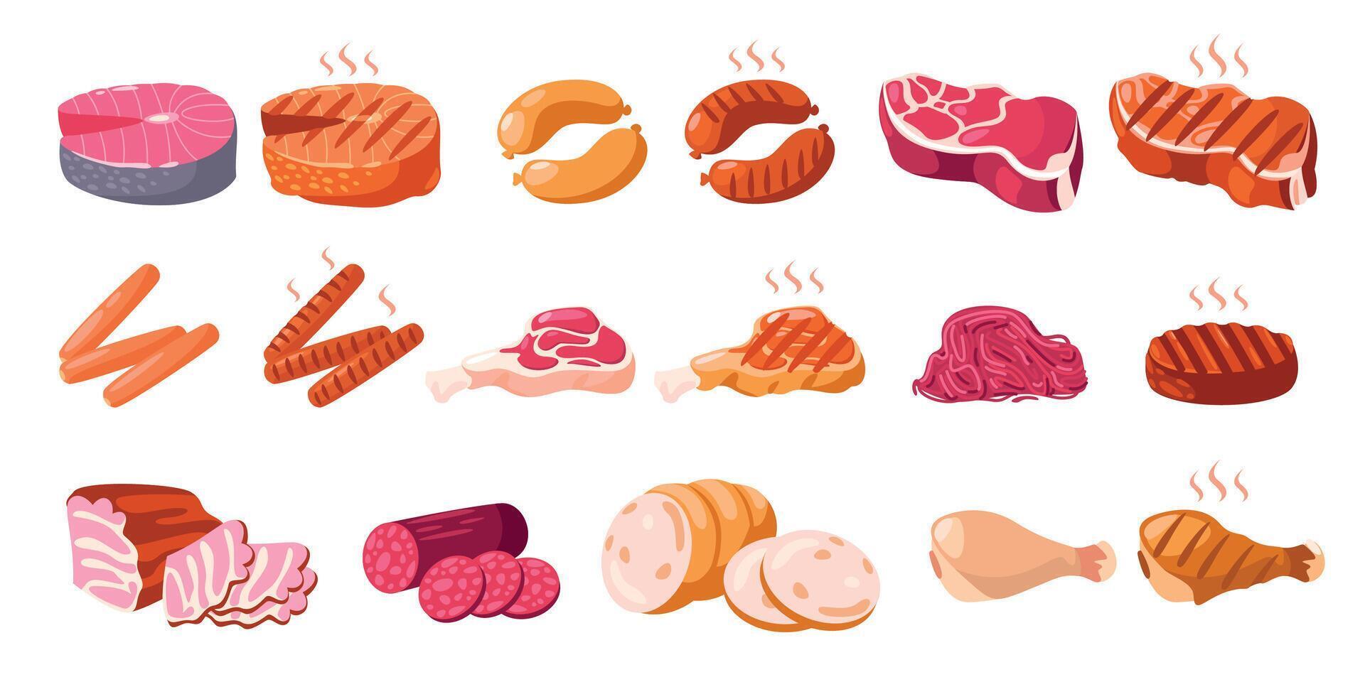Karikatur Fleisch Produkte. roh Steaks Würste und Hackfleisch, frisch fleischig Zutaten zum Grill, Schweinefleisch Rindfleisch Hähnchen Lendenstück Füllung, Gourmet Mahlzeit. Vektor Sammlung