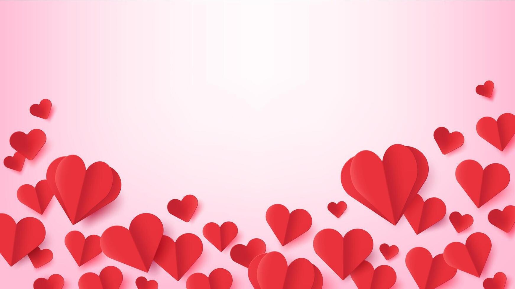 papper hjärtan. valentines dag affisch med flygande röd hjärta formad origami med skugga. kärlek symboler. bröllop eller årsdag vektor hälsning