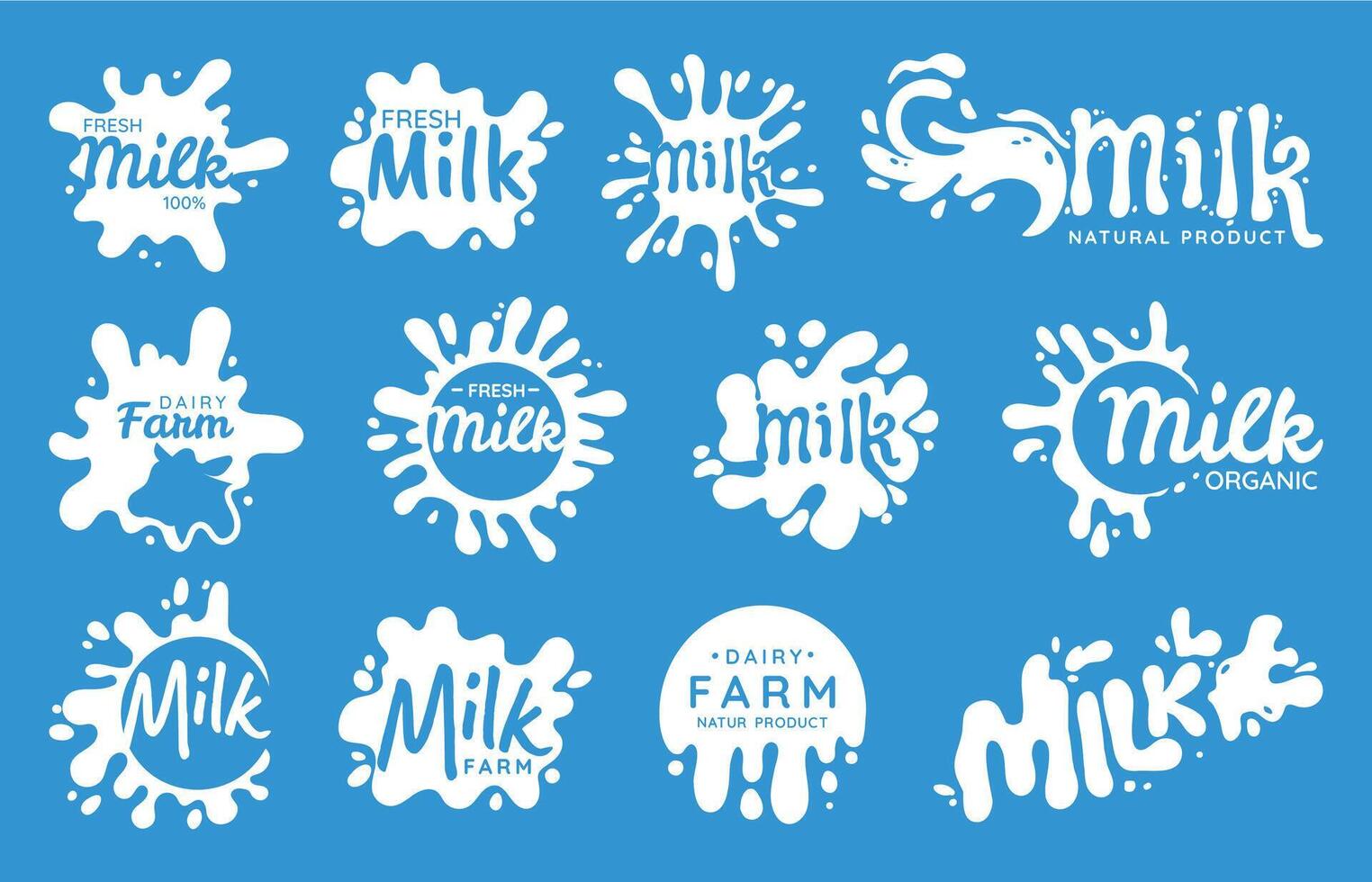 Molkerei fallen Logo. Karikatur fallen Milch fallen Spritzen Emblem zum Joghurt und Milch Paket, Lebensmittelgeschäft runden Klecks Aufkleber. Vektor Design Elemente Sammlung