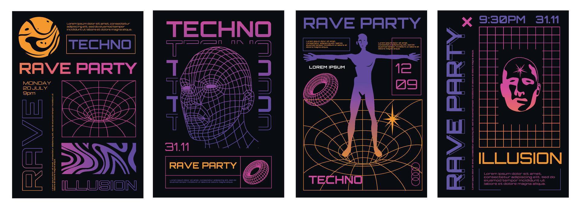 psychedelisch Plakate. Acid trippy Party Flyer surreal retro 70er Jahre 80er Jahre Stil, funky groovig seltsam Rave seltsam Symbole zum Banner Design. Vektor einstellen