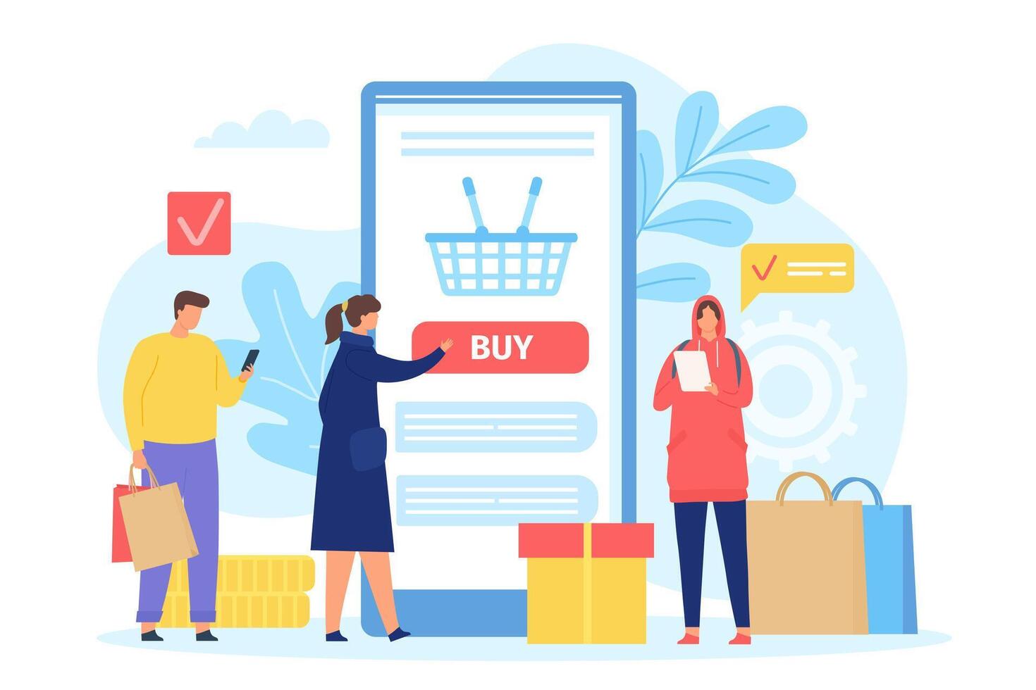 människor uppköp i uppkopplad affär. smartphone skärm med handla korg. affisch med män och kvinnor med påsar. mobil Lagra app vektor begrepp