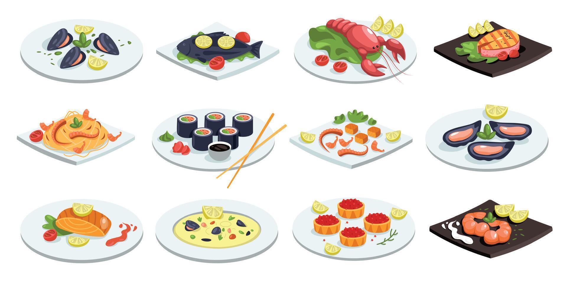 Meeresfrüchte Teller. festlich Fisch Mahlzeit asiatisch japanisch Chinesisch traditionell Essen Küche, Karikatur Lachs Steak Krabbe Fleisch Sushi Garnele Gourmet Symbole. Vektor Sammlung