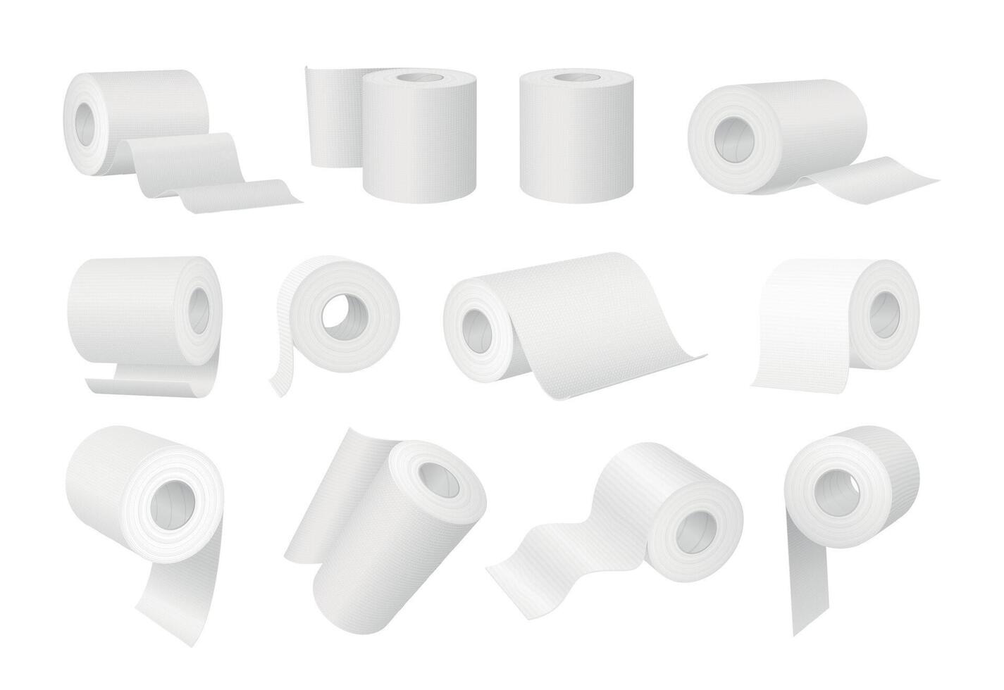 realistisk vit toalett papper och kök handduk rullar. 3d cylinder hygien våtservetter med rör. badrum papper vävnader produkt attrapp vektor uppsättning