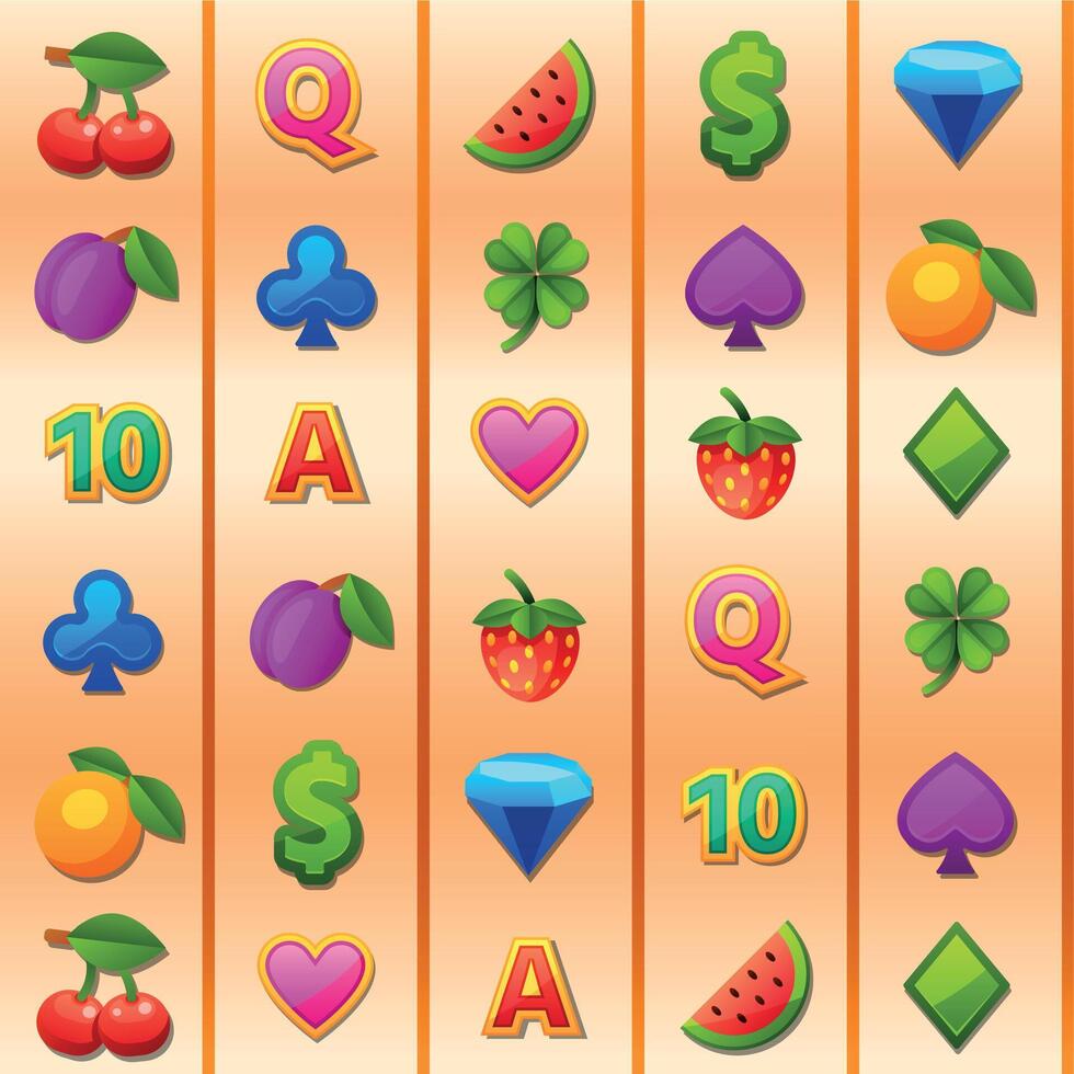nahtlos Kasino Slot Maschine Linien mit Spiel Symbole. zocken rotieren Element mit Kirsche, Zitrone und Dollar unterzeichnen. Vegas Glücksspiel Vektor Muster
