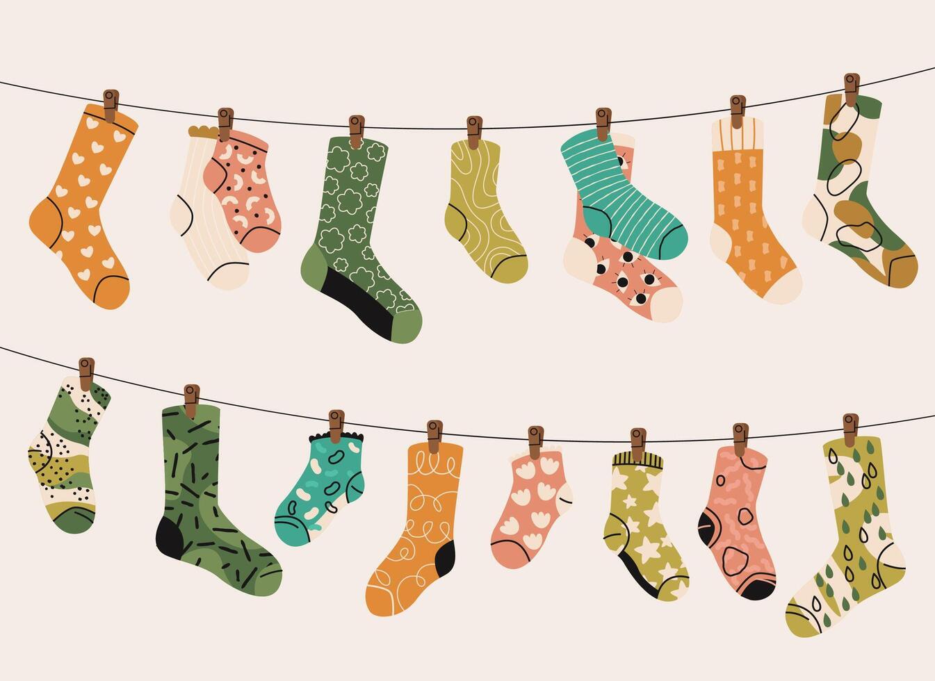 Socken auf Seil. Karikatur trocken Socken auf Textil- Kabel, gestrickt wolle Stoff zum Winter tragen, komfortabel Fuß tragen Zubehörteil. Vektor eben einstellen