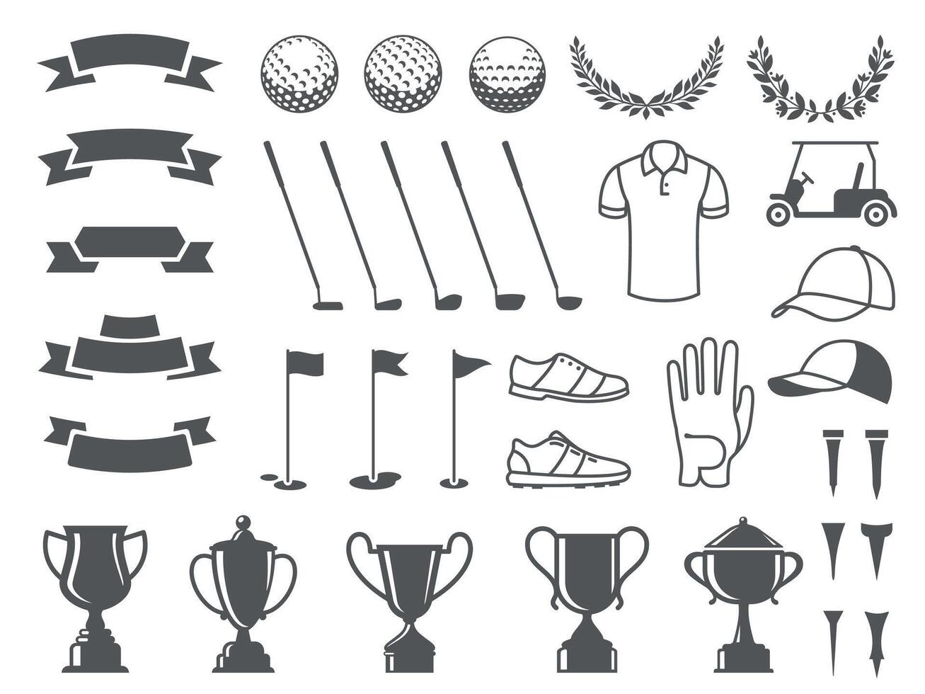 Golf Elemente Sammlung. Tee Symbole, Ball Silhouetten, Tasse Aufkleber und Bänder, Ball Marker und Putter Abzeichen. Sport Spiel Elemente Vektor einstellen